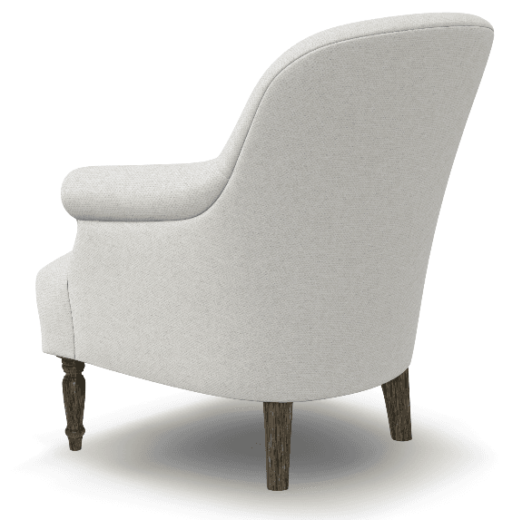 An upholstered armchair viewed from a rear-right angle, featuring a light, neutral-toned fabric. The chair displays classic design elements including a high, subtly curved back and substantial, rolled arms. It is supported by four exposed wooden legs, with the front legs appearing turned or carved, and the rear legs being simpler and tapered. The overall form suggests comfort and a traditional aesthetic. — 3D model