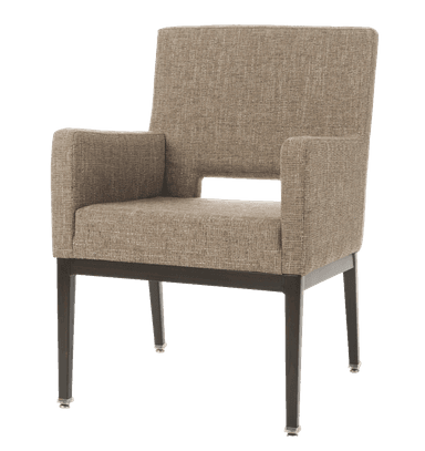 An upholstered chair featuring a rectangular cutout in the backrest and a dark wooden frame, suitable for dining or accent use. — 3D model
