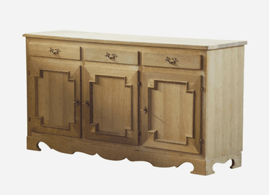 A rectangular wooden sideboard featuring three drawers and three cabinet doors, adorned with brass hardware and decorative paneling. — 3D model