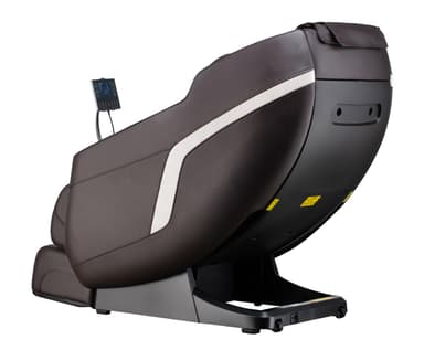 A sophisticated full-body electric massage chair, featuring a contemporary ergonomic design. It is upholstered in dark brown synthetic leather with contrasting lighter brown fabric accents on the inner cushioning and footrest area. The chair includes a robust base, integrated armrests, a built-in foot and leg massager, and a silver-colored control panel mounted on a flexible arm. Speaker grilles are visible near the headrest, indicating integrated audio capabilities. — 3D model