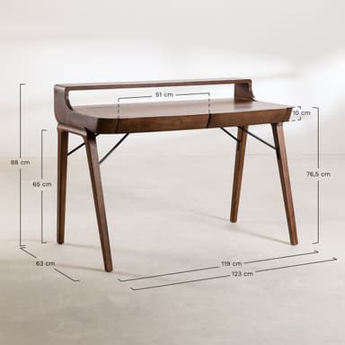 A modern wooden desk featuring a raised hutch for organizational storage and two integrated drawers beneath the main work surface. The desk is supported by four outwardly angled, tapered legs, and exhibits rounded edges throughout its design. — 3D model