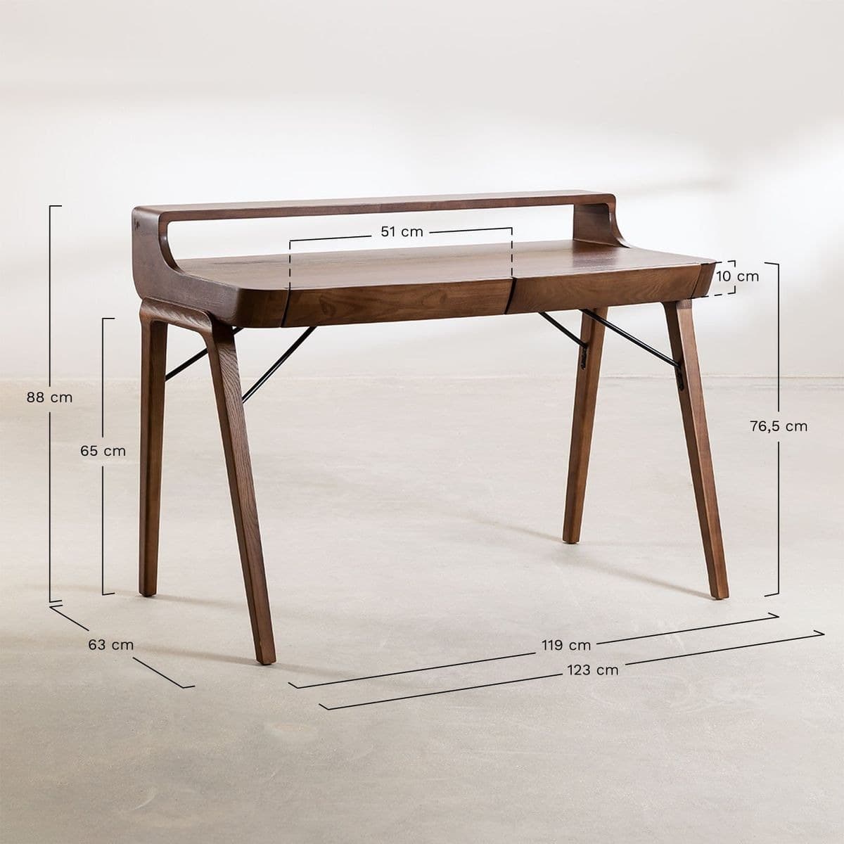 A modern wooden desk featuring a raised hutch for organizational storage and two integrated drawers beneath the main work surface. The desk is supported by four outwardly angled, tapered legs, and exhibits rounded edges throughout its design. — 3D model