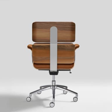 A modern desk chair with a distinctive design, featuring a curved wooden shell for the seat and backrest, upholstered in brown leather. The chair is supported by a polished metal five-star base with casters for mobility, and a central gas lift mechanism for height adjustment. A vertical metal support connects the seat to the backrest. — 3D model