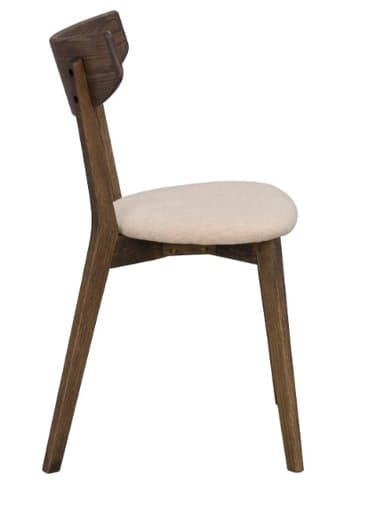 A modern armless dining chair featuring a dark-stained wooden frame, an upholstered seat in a light beige fabric, and a gently curved backrest. The legs are tapered, and the overall design is sleek and contemporary. — 3D model