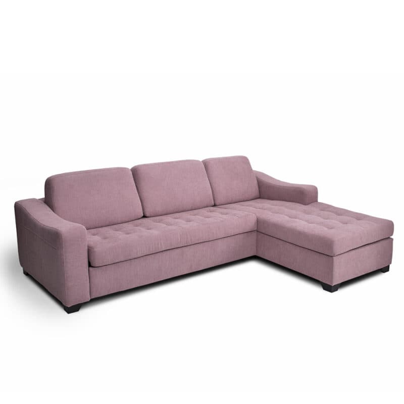 A sectional sofa with a chaise lounge extension. The sofa features three back cushions and a tufted seat surface. The upholstery appears to be a textured fabric. The armrest on the left side is broad and slightly curved. The chaise lounge is integrated into the right side of the sofa. — 3D model