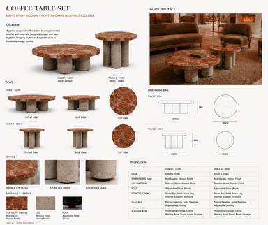 A set of two circular coffee tables with distinct leg structures. The larger table features a dominant reddish-brown marble top with white veining, supported by three cylindrical legs made of a speckled material resembling terrazzo or concrete. The smaller table shares the same marble top design and leg material, with three cylindrical legs. — 3D model