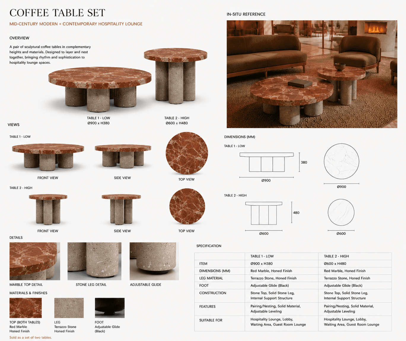 A set of two circular coffee tables with distinct leg structures. The larger table features a dominant reddish-brown marble top with white veining, supported by three cylindrical legs made of a speckled material resembling terrazzo or concrete. The smaller table shares the same marble top design and leg material, with three cylindrical legs. — 3D model