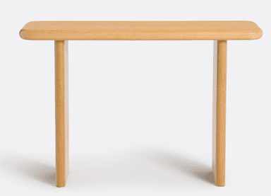A minimalist console table with a rectangular top and two vertical legs. The top has slightly rounded edges. The legs are flat and extend from the underside of the top to the floor, with their bottom edges also slightly rounded for a smooth transition. The overall design is simple and modern. — 3D model