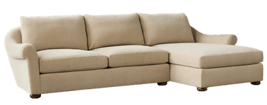 A light beige, three-seater sectional sofa featuring a right-hand facing chaise lounge, rolled arms, and plush, removable cushions. — 3D model