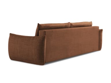 A modern two-seater sofa featuring a plush, low-profile design. It is upholstered in a warm, textured brown fabric. The sofa has distinctive rounded armrests that integrate smoothly with the main body, and two separate, generously cushioned seat and back pillows for comfort. The overall aesthetic is clean, soft, and contemporary, with no visible legs, giving it a grounded appearance. — 3D model