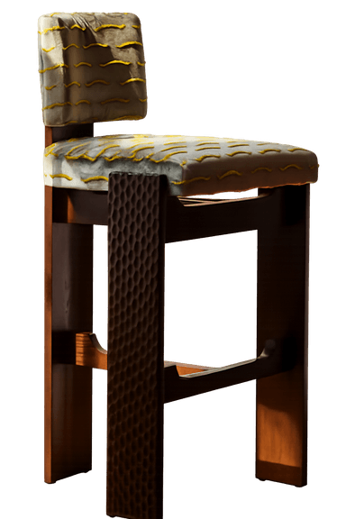 A bar stool with a dark wood frame and upholstered seat and backrest. The seat and backrest are covered in a light-colored fabric with a decorative yellow pattern. The front legs feature a textured, honeycomb-like carving. — 3D model