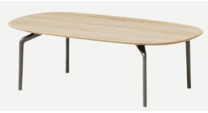 An oval-shaped coffee table featuring a light wood tabletop and four dark-finished metal legs, designed in a modern Scandinavian style. — 3D model