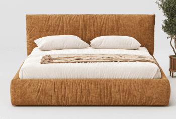 A king-size upholstered bed frame with a plush headboard featuring a ruched or gathered fabric design. The bed is dressed with white bedding, a decorative pillow, and a quilted throw blanket. It sits on a solid base and is flanked by two small, modern side tables, one holding a vase with floral sprigs and the other a cup and saucer. — 3D model