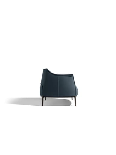 A modern two-seater loveseat featuring dark blue, possibly petrol or teal-colored, leather upholstery. The backrest exhibits a distinctive pleated or ruched design, adding texture and visual interest. The seat cushions appear smooth and clean-lined. The frame is supported by slender, dark-finished metal legs that extend from the base, giving the piece a light and elevated appearance. The arms are gently curved and integrated into the overall sleek silhouette. The design is contemporary with an emphasis on minimalist form and luxurious material. — 3D model