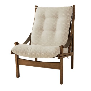 A side profile view of a wooden armchair with upholstered cushions. The armchair features a slatted wooden frame, a high backrest, and armrests. The cushions are a light beige color with a subtle diamond pattern and are attached to the frame with dark leather straps. — 3D model