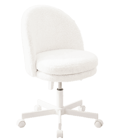 A white bouclé upholstered swivel desk chair featuring a rounded backrest and seat, set on a five-star base with caster wheels. The chair has an adjustable height mechanism visible below the seat. — 3D model