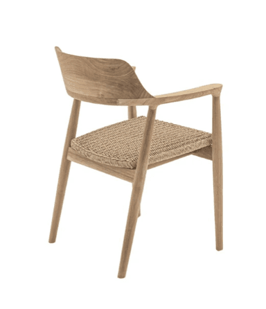 A wooden armchair with a woven seat and a curved backrest. The armchair features a solid wood frame with gently tapered legs and armrests. The seat is a woven rush or natural fiber material, providing a textural contrast to the smooth wood. — 3D model