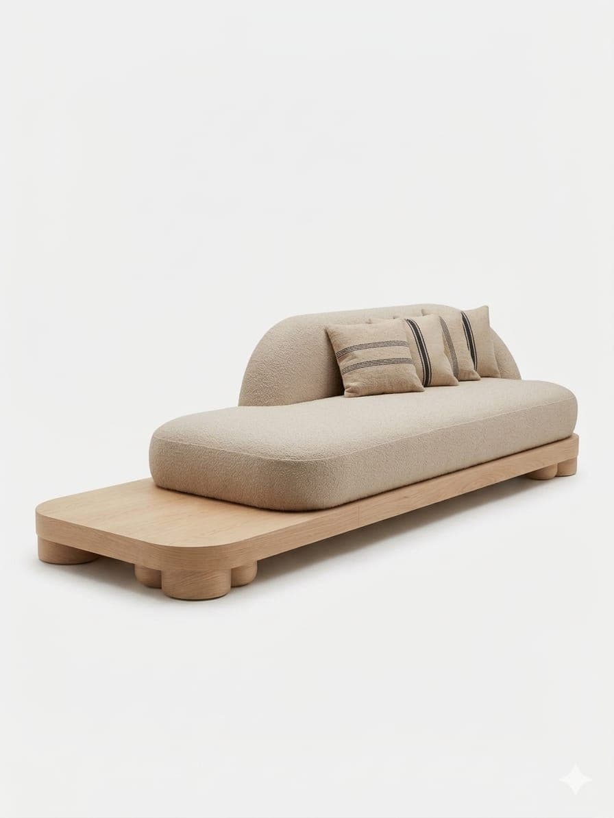 A contemporary sofa with a rounded, upholstered backrest and seat, set upon a low-profile, light wood base. The base extends beyond the seating area to create a continuous platform. The upholstery has a textured, boucle-like finish. Three decorative cushions with horizontal stripes are placed against the backrest. — 3D model