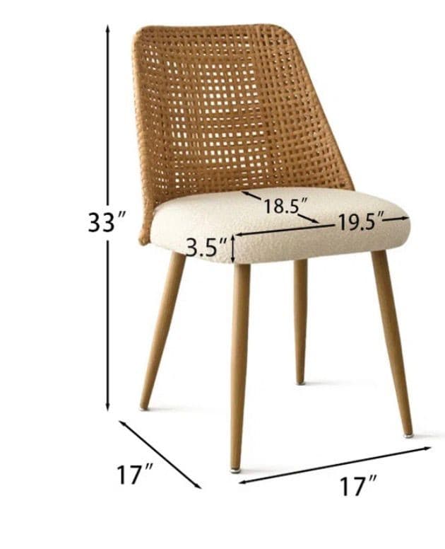A contemporary dining chair featuring a gracefully curved, natural woven rattan backrest and a generously padded, cream-colored boucle upholstered seat. It stands on four slender, tapered legs with a light wood-effect finish, which splay slightly for stability. The design combines natural textures with modern lines, offering both comfort and aesthetic appeal. — 3D model