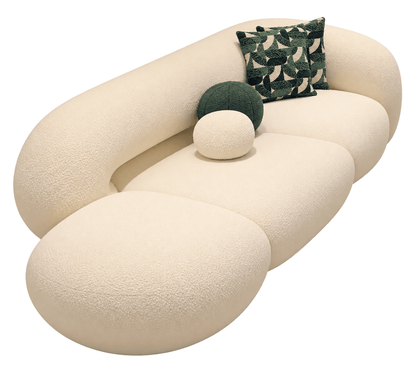 A contemporary, organically shaped modular sofa upholstered in a light-colored bouclé fabric, featuring rounded edges and a low-profile design. Several decorative pillows, including one with a green geometric pattern, are placed on it. — 3D model