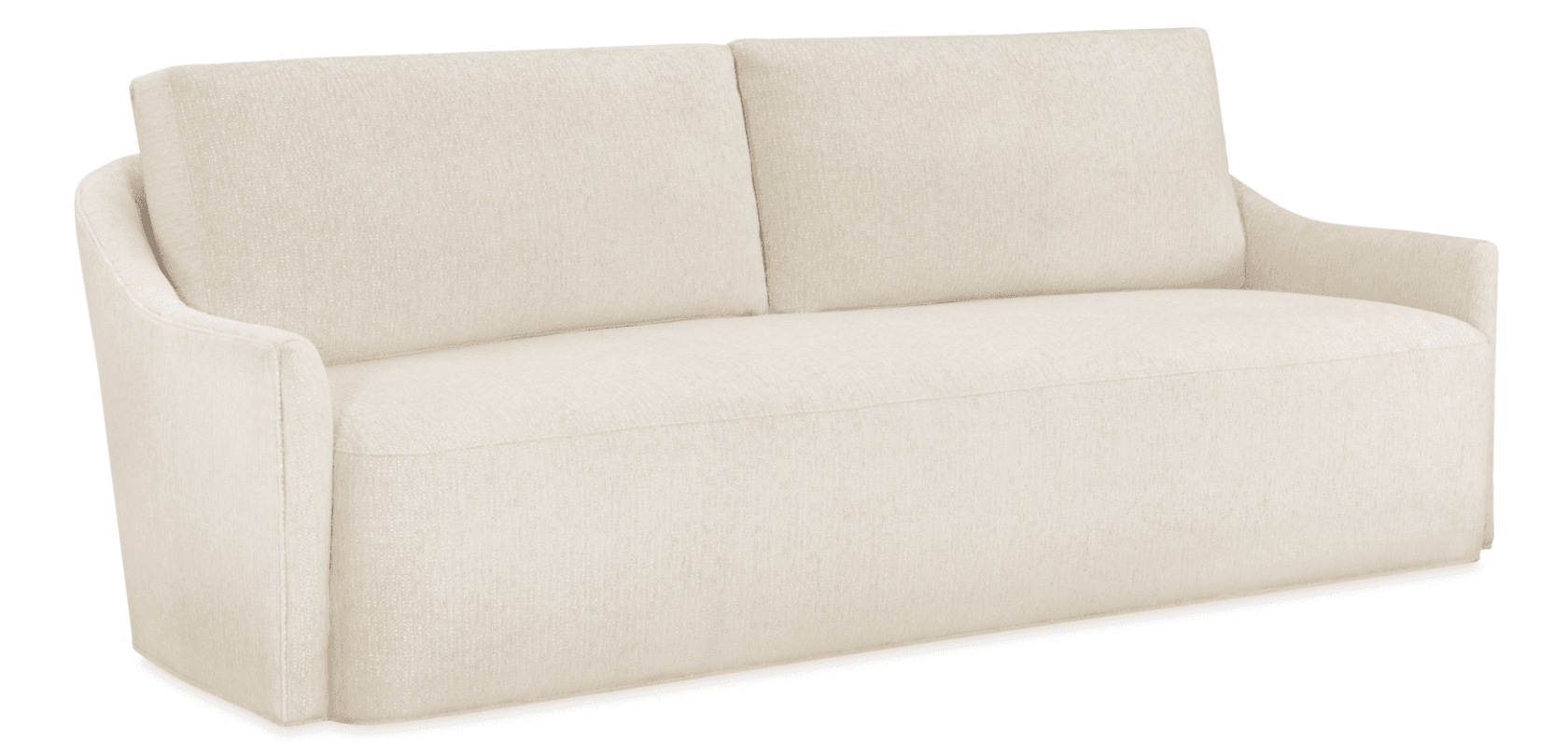 A contemporary upholstered loveseat featuring a cream or off-white textured fabric. It has a clean-lined profile with gently curved, recessed arms and two separate back cushions. The base is fully upholstered, creating a skirted appearance. — 3D model