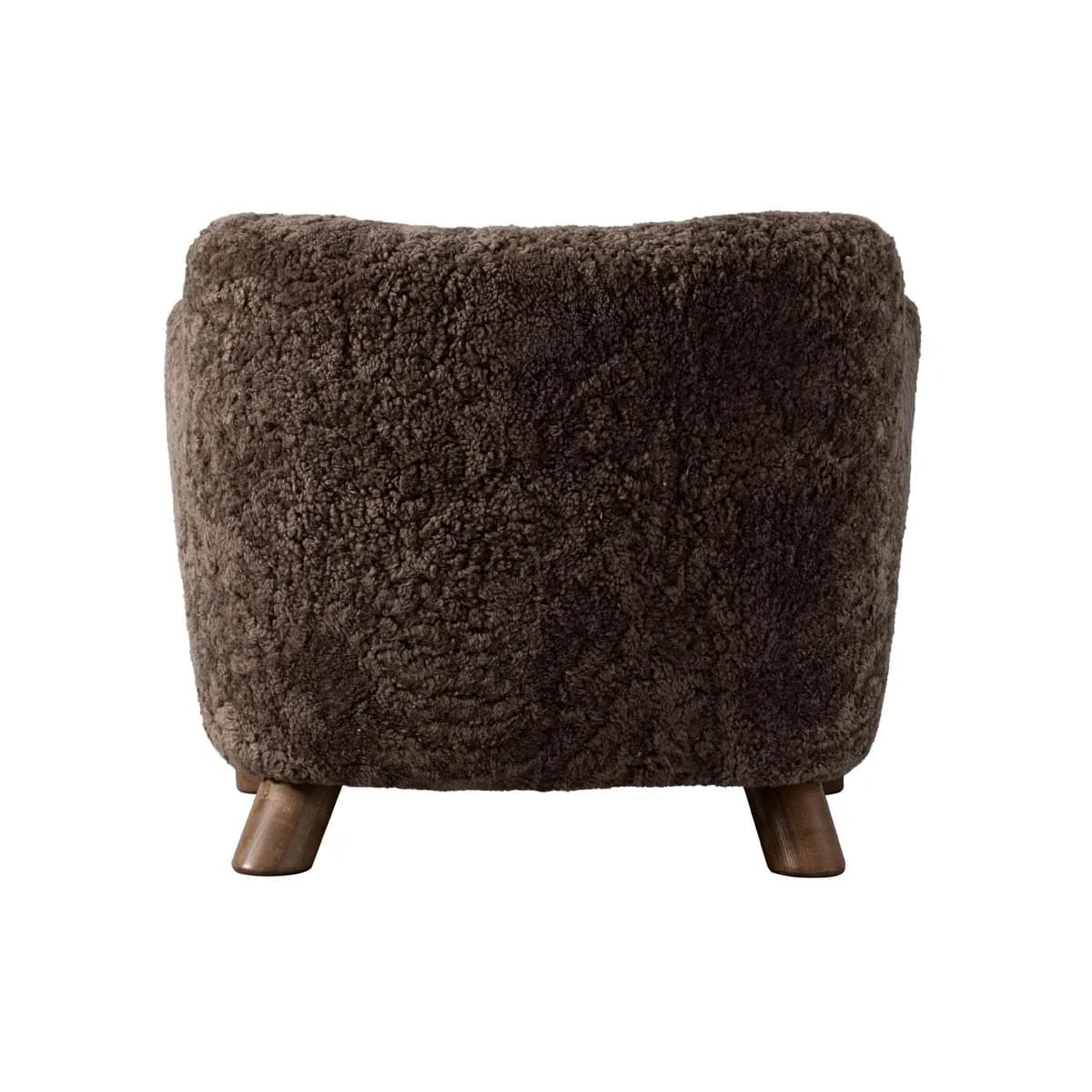 A barrel-shaped ottoman upholstered in dark brown, curly sheepskin or a high-pile faux sheepskin material, supported by four short, tapered wooden legs. — 3D model