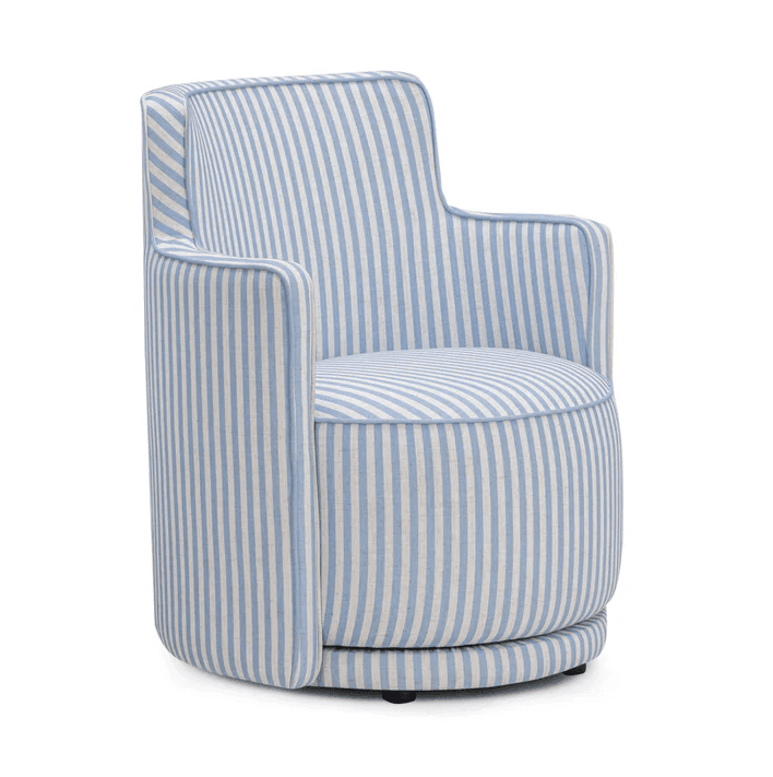 An upholstered barrel-back swivel accent chair featuring a distinctive blue and white vertical stripe pattern. The chair has rounded arms and a cohesive design where the seat cushion and base are fully integrated, resting on a swivel mechanism. — 3D model