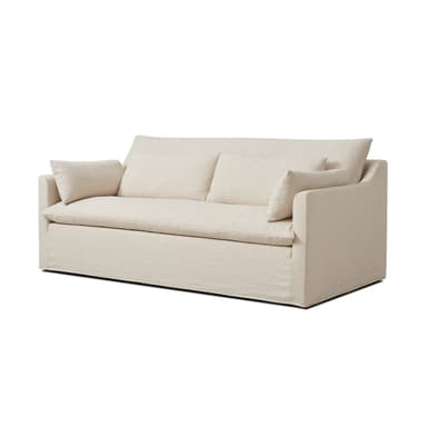 A sofa viewed from the back. It features a simple, modern design with clean lines. The sofa has a low profile and is upholstered in a textured, light-colored fabric. — 3D model