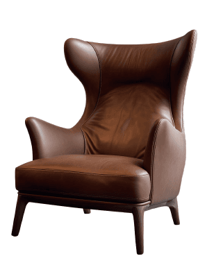 A modern wingback armchair upholstered in rich brown leather, featuring a high back with prominent side wings, subtly curved armrests, and a deep seat cushion. It rests on dark, tapered wooden legs. — 3D model