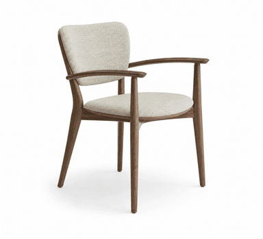 A contemporary wooden armchair with an upholstered seat and backrest, featuring a warm-toned wooden frame and light-colored fabric. — 3D model
