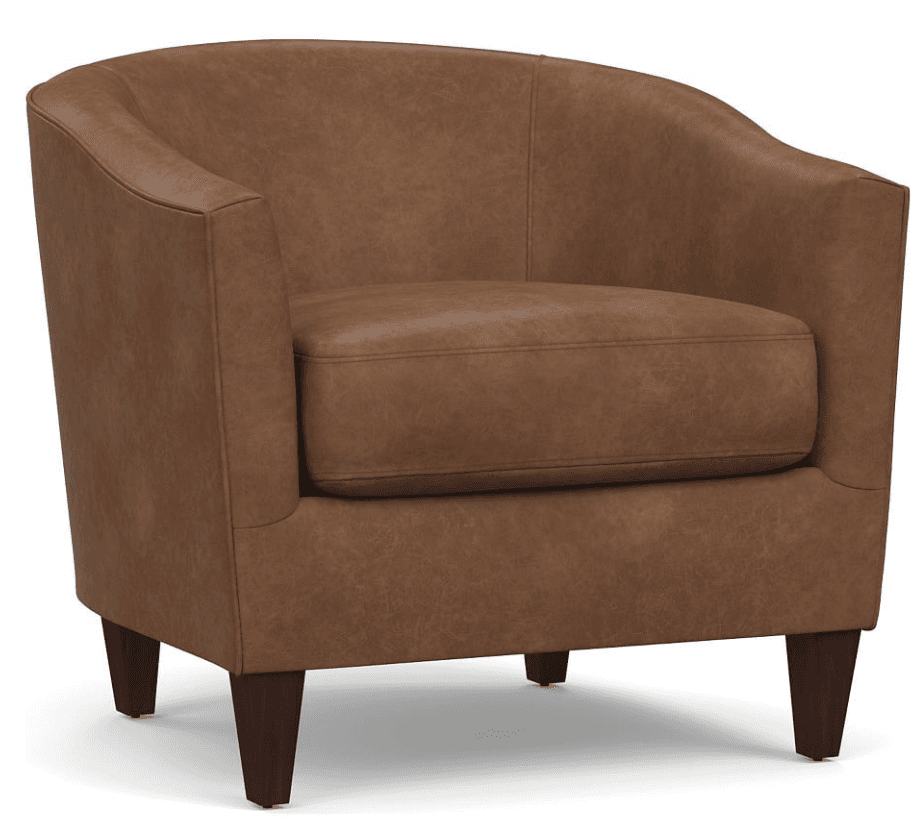 A contemporary tub-style armchair upholstered in a rich, warm brown leather. It features a rounded back and arms that flow seamlessly into the seat, with a single, loose seat cushion. The chair is supported by four dark-stained, tapered wooden legs. — 3D model