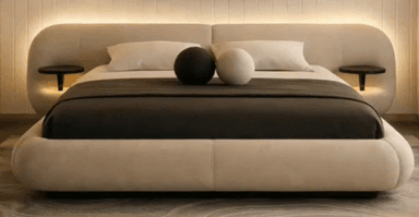 A modern upholstered platform bed with an integrated headboard featuring ambient lighting and two circular dark wood side tables. — 3D model