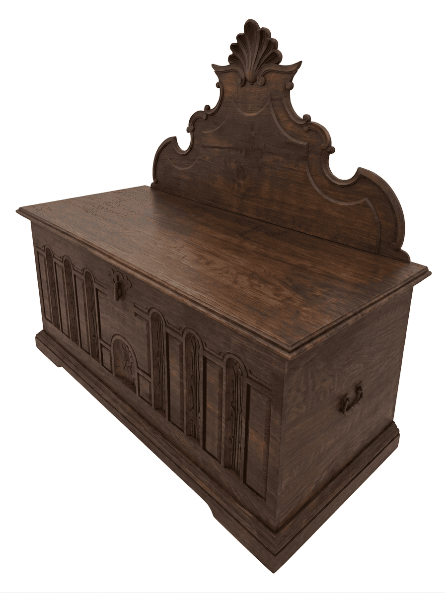 A dark wooden chest with ornate carvings and a decorative backplate. The front panel features a series of recessed panels with carved detailing, framed by vertical fluting. It has a hinged lid, a front latch, and metal handles on the sides. The top edge is finished with a slight overhang, and the base has a decorative molding. A prominent carved piece, resembling a fan or shell motif, is mounted on the backplate above the lid. — 3D model