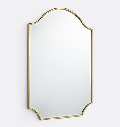 A rectangular wall mirror with an arched top and subtly scalloped lower corners, encased in a slim, polished gold metal frame. The mirror features a clear reflective surface and is designed for vertical wall mounting. Its elegant silhouette suggests a transitional or classic aesthetic. — 3D model