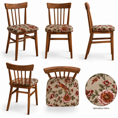 A traditional wooden dining chair featuring a spindle backrest and an upholstered seat cushion. The wood frame has a warm, medium-brown finish, and the seat is covered in a beige fabric with a vibrant floral and bird pattern. — 3D model