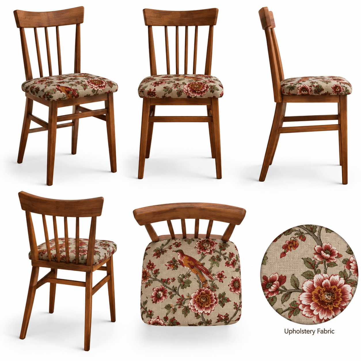 A traditional wooden dining chair featuring a spindle backrest and an upholstered seat cushion. The wood frame has a warm, medium-brown finish, and the seat is covered in a beige fabric with a vibrant floral and bird pattern. — 3D model