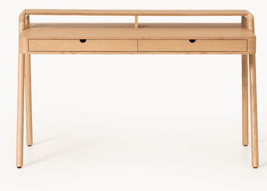 A minimalist wooden desk with a natural finish. It features a dual-tier top surface, with the upper tier acting as a raised shelf. Below the main surface, there are two drawers with integrated semi-circular pulls. The desk is supported by four slender, tapered legs. The overall design is modern and clean. — 3D model