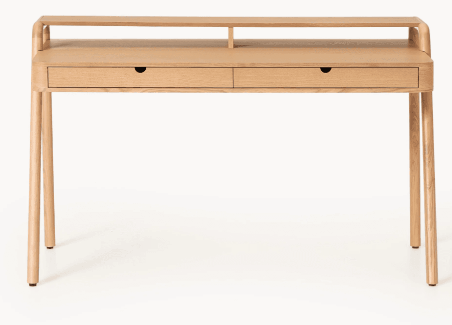 A minimalist wooden desk with a natural finish. It features a dual-tier top surface, with the upper tier acting as a raised shelf. Below the main surface, there are two drawers with integrated semi-circular pulls. The desk is supported by four slender, tapered legs. The overall design is modern and clean. — 3D model