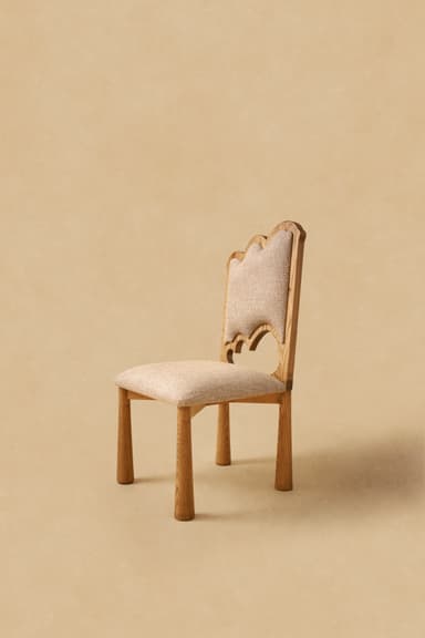A modern armless chair featuring a wooden frame and upholstered seat and backrest. The chair's legs are stout and cylindrical, tapering slightly towards the floor. The backrest is gently curved, and both the seat and back are covered in a light beige, textured fabric. The wood has a natural, light tone, possibly oak or ash, with visible grain. — 3D model