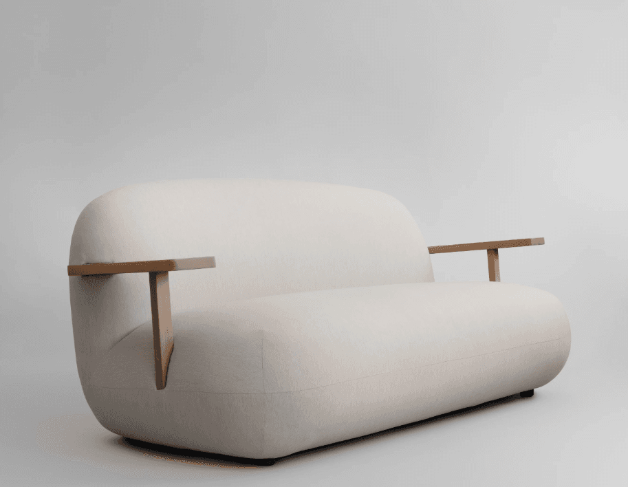 A contemporary two-seater sofa featuring a clean, rounded silhouette, upholstered in a light beige fabric. The design is characterized by its soft, cushioned appearance and distinctive integrated wooden armrests that extend from the backrest. — 3D model
