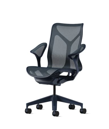 A modern office chair with a breathable mesh back and seat, featuring adjustable armrests and a five-star base with casters for mobility. The design is ergonomic and contemporary. — 3D model