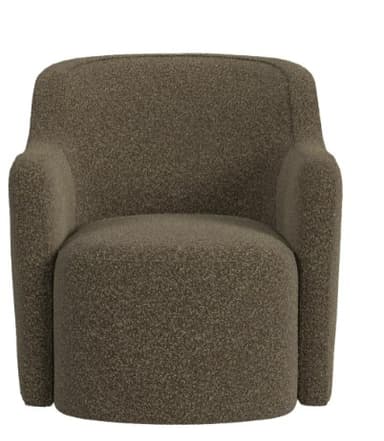 A contemporary barrel-shaped accent chair, fully upholstered in a textured, nubbly boucle fabric in a neutral brown or taupe color. It features integrated, rounded armrests and backrest, creating a seamless, inviting silhouette. The chair is presented with explicit dimensions of 33.5 inches in depth and 29.5 inches in width, indicating a compact footprint. — 3D model