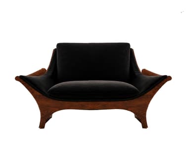 A sculptural lounge chair featuring a dark, richly-grained wood frame with sweeping, organic curves, paired with thick black velvet upholstery. The chair's design is low-slung and wide, emphasizing comfort and a relaxed posture. The backrest and seat cushions are distinct and plush, providing a soft contrast to the hard wooden shell. The frame's continuous lines form the arms and base, giving it a seamless, integrated appearance. — 3D model