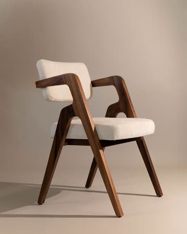 A stylish mid-century modern inspired dining armchair featuring a dark walnut-stained solid wood frame with distinct curved arms and tapered legs. The seat and backrest are upholstered in a light, textured off-white fabric, providing a comfortable and elegant seating solution. — 3D model