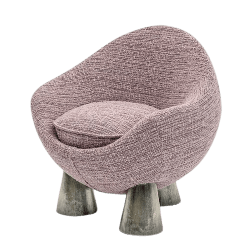 A contemporary egg-shaped lounge chair upholstered in a textured, light purple-grey fabric, featuring a deep, cocooning form and supported by three short, conical dark grey legs. — 3D model