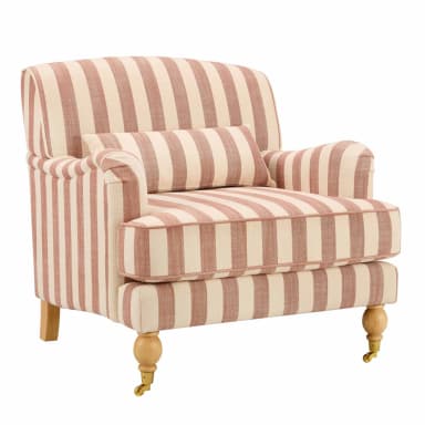 A striped armchair with a loose cushion and ornate wooden legs with casters. The armchair features a curved backrest and rolled arms, upholstered in fabric with a vertical stripe pattern in beige and muted red. A rectangular throw pillow with a similar stripe pattern is placed on the seat. — 3D model