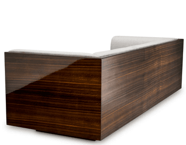 A three-seater modern sofa featuring a substantial exposed dark wood frame that encompasses the base and extends upwards to form the outer armrests. The interior seating area consists of three individual seat cushions and three individual back cushions, all upholstered in a light-colored, possibly cream or off-white, fabric. The wood components exhibit a glossy, rich dark brown finish with prominent grain patterns, suggesting a high-quality veneer. The sofa sits on a low, recessed plinth base, giving it a floating appearance. — 3D model