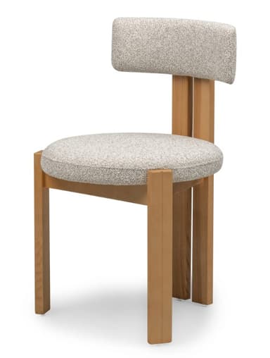A contemporary armless chair with a light wood frame and neutral-toned fabric upholstery. It features a solid wooden construction with four square-profile legs, a circular upholstered seat, and a rectangular upholstered backrest supported by two vertical wooden slats. — 3D model