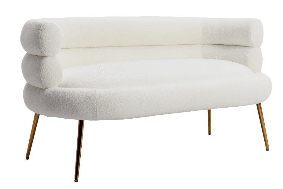A cream-colored, two-seater sofa with a curved backrest and rolled arms. The upholstery appears to be a textured, plush fabric resembling bouclé. It is supported by four slender, metallic legs with a brass or gold finish. — 3D model