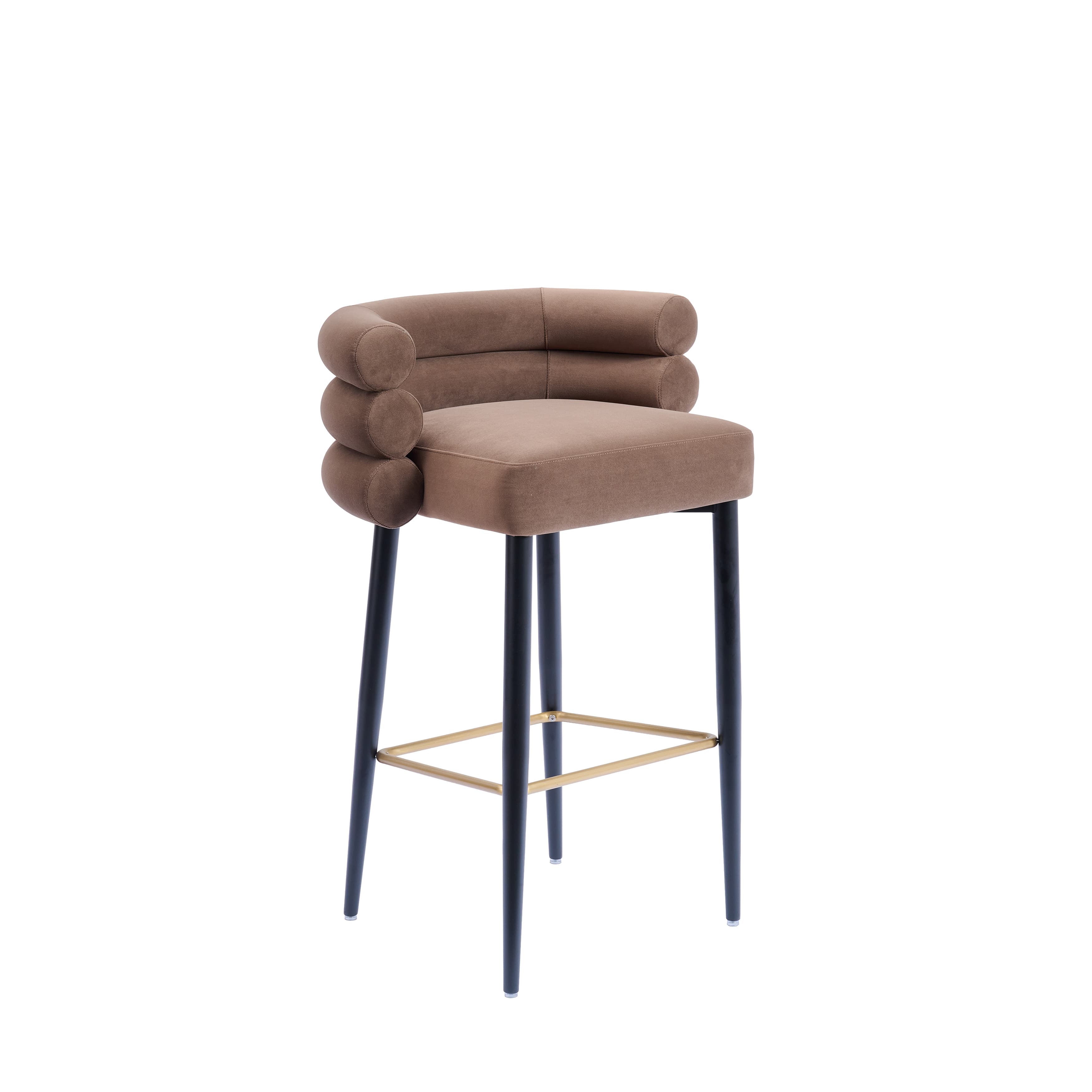 A contemporary bar stool featuring a padded, square seat and a distinctive backrest composed of horizontally stacked, cylindrical upholstered elements. The stool stands on four slender, tapered metal legs finished in matte black, which are connected by a square-shaped brass-finished metal footrest. The upholstery is a soft, taupe or light brown fabric. — 3D model